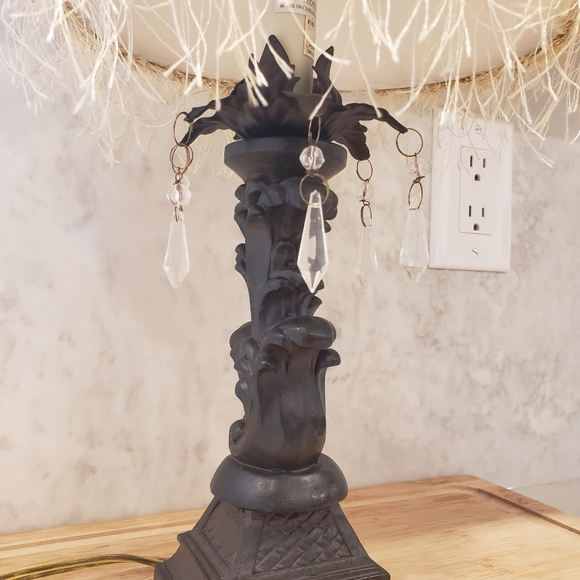 Decorative lamp with beads and yard accents, beige lamp shade and brown stand - Picture 2 of 9